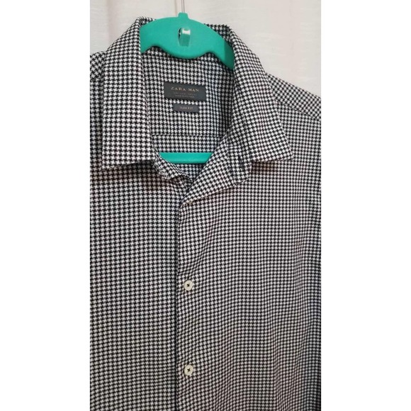 Zara Man Black White Large Hounds tooth Button Up Shirt. - Picture 2 of 4